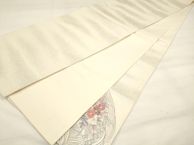 平和屋着物◎六通太鼓柄袋帯 総刺繍 御所車扇面花文 銀糸 正絹 逸品 DAAM0547bc