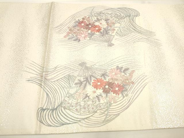 平和屋着物◎六通太鼓柄袋帯 総刺繍 御所車扇面花文 銀糸 正絹 逸品 DAAM0547bc