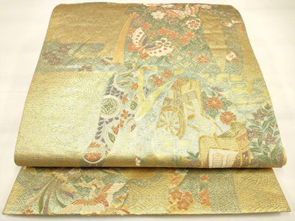 平和屋着物◎六通柄袋帯 御所車花蝶文 誰が袖 金糸 正絹 逸品 DAAM0548bc