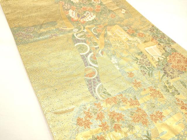 平和屋着物◎六通柄袋帯 御所車花蝶文 誰が袖 金糸 正絹 逸品 DAAM0548bc