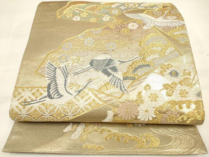 平和屋着物◎六通柄袋帯 飛鶴地紙草花文 金銀糸 引箔 正絹 逸品 DAAM0570bc