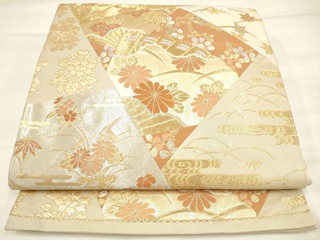 平和屋着物◎六通柄袋帯　裂取り吉祥花文　金銀糸　正絹　逸品　DAAM0578bc