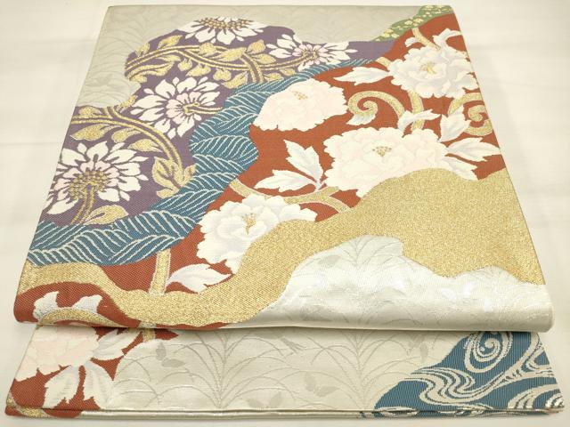 平和屋着物◎六通柄袋帯 道長草花文 金銀糸 正絹 逸品 DAAM0612bc