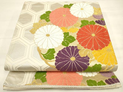 平和屋着物◎六通柄袋帯 唐織 亀甲花丸文 八重菊 正絹 逸品 DAAM0632bc