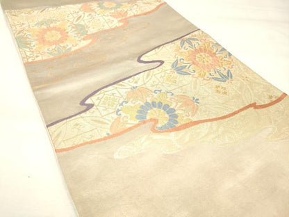 平和屋着物◎六通柄袋帯 霞取り吉祥花文 金糸 正絹 逸品 DAAM0634bc