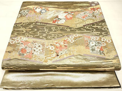 平和屋着物◎六通柄袋帯 唐織 屏風草花文 金糸 正絹 逸品 DAAM0636bc
