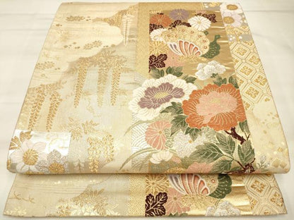 平和屋着物◎六通柄袋帯 唐織 蒔絵 短冊花蝶文 金銀糸 正絹 逸品 DAAM0645bc