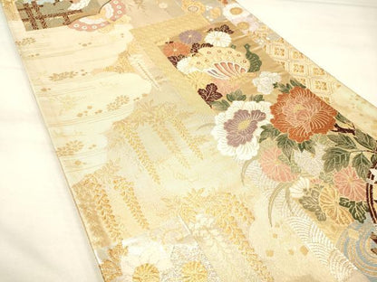 平和屋着物◎六通柄袋帯 唐織 蒔絵 短冊花蝶文 金銀糸 正絹 逸品 DAAM0645bc