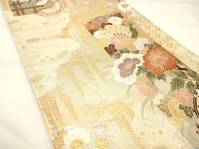 平和屋着物◎六通柄袋帯 唐織 蒔絵 短冊花蝶文 金銀糸 正絹 逸品 DAAM0645bc