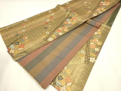 平和屋着物◎両面 六通柄袋帯 唐織 吉祥笹花文 金糸 正絹 逸品 DAAM0795bc