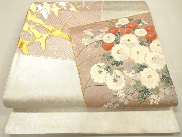 平和屋着物◎六通太鼓柄袋帯 刺繍 色紙飛鶴花文 金銀糸 正絹 逸品 DAAM0831bc