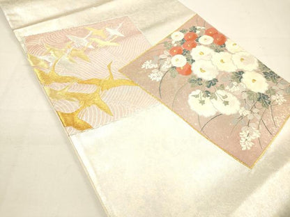 平和屋着物◎六通太鼓柄袋帯 刺繍 色紙飛鶴花文 金銀糸 正絹 逸品 DAAM0831bc