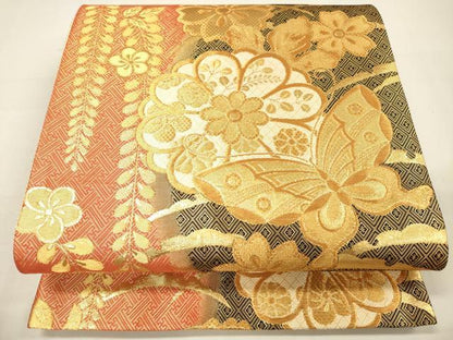 平和屋着物◎佐賀錦 六通柄袋帯 花蝶文 金糸 正絹 逸品 DAAM0842bc