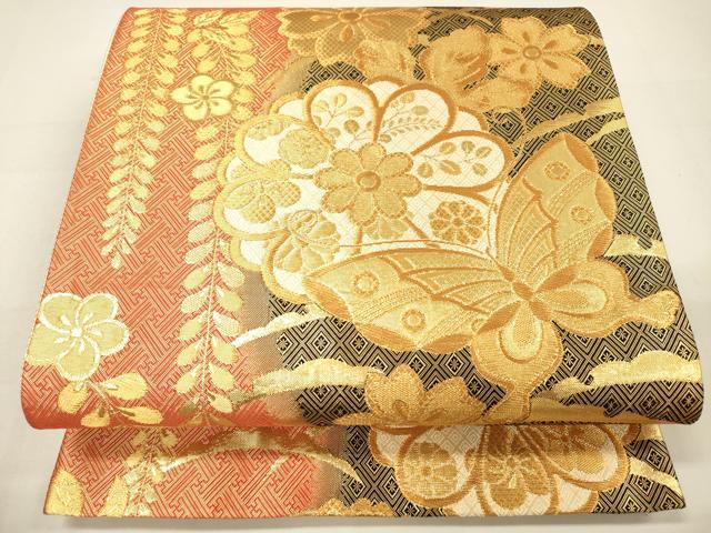 平和屋着物◎佐賀錦 六通柄袋帯 花蝶文 金糸 正絹 逸品 DAAM0842bc