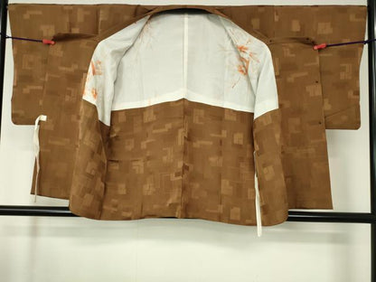平和屋着物■道行コート 地紋起こし 幾何学文様 胡桃色 正絹 逸品 DAAM9664cm