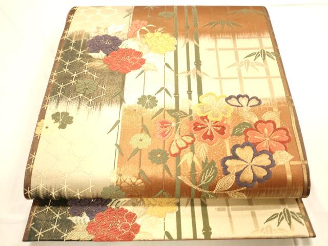 平和屋着物■六通柄袋帯 唐織 笹竹文 金糸 正絹 逸品 DAAN0024op