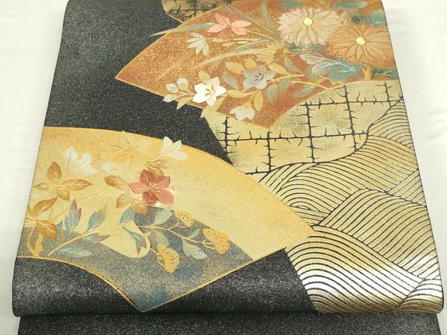 袋帯 太鼓柄 紙布 向かい鳥 草花 24M421f 平和屋着物□太鼓柄袋帯 刺繍 地紙草花文 金彩 正絹 逸品 DAAN4618sf