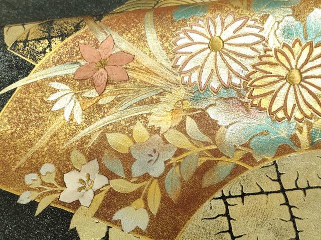A24 未使用　袋帯　刺繍　華文　大太鼓　正絹 袋帯 美品 逸品 華文 向かい鳥 刺繍 金糸 茶緑色 お太鼓柄 正絹 中古