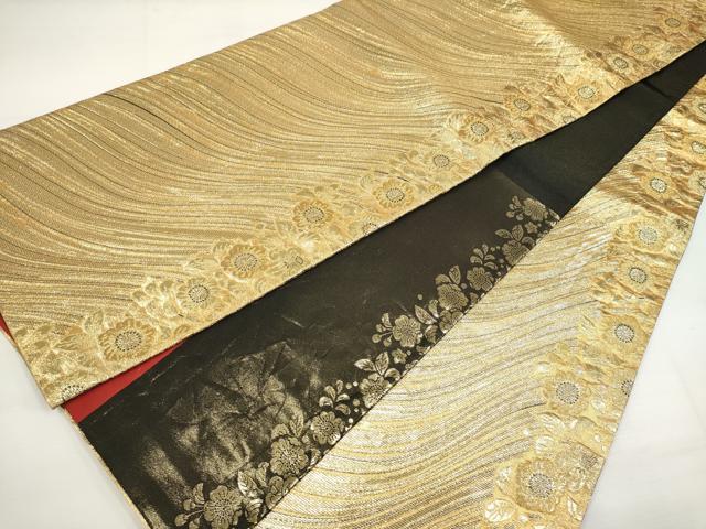 平和屋着物◎両面 全通柄袋帯 流水草花文 金糸 正絹 逸品 DAAN5036cd