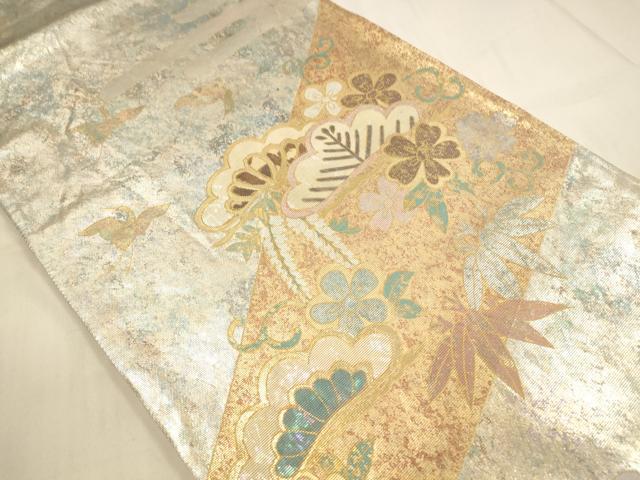 平和屋着物■太鼓柄袋帯 螺鈿箔 花鳥松文 金彩 引箔 正絹 逸品 DAAN7675op