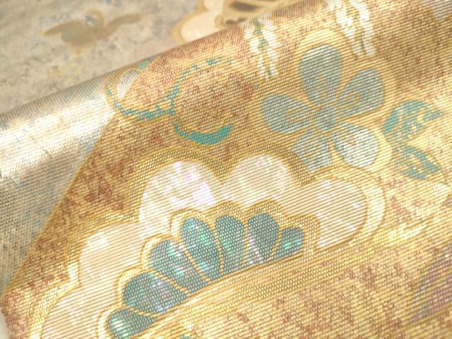 平和屋着物■太鼓柄袋帯 螺鈿箔 花鳥松文 金彩 引箔 正絹 逸品 DAAN7675op