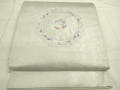 平和屋着物◎六通柄袋帯 刺繍 花絵皿文 銀糸 正絹 逸品 DAAN8017rt