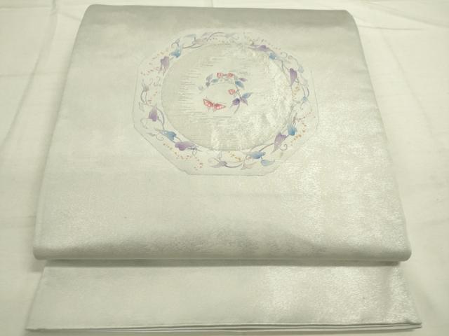 平和屋着物◎六通柄袋帯 刺繍 花絵皿文 銀糸 正絹 逸品 DAAN8017rt