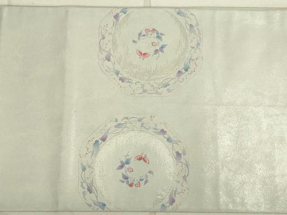 平和屋着物◎六通柄袋帯 刺繍 花絵皿文 銀糸 正絹 逸品 DAAN8017rt