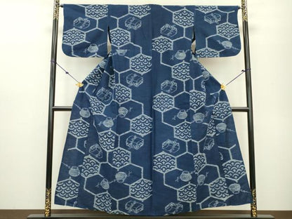 平和屋着物▽久留米絣　単衣　青海波亀甲文　綿　逸品　DAAO3409fe
