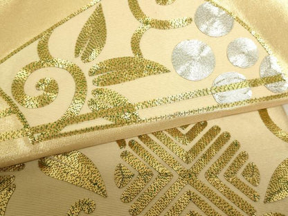 平和屋着物■太鼓柄袋帯　駒刺繍　総刺繍　扇面花唐草文　金糸　正絹　逸品　DAAO7413sf