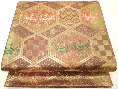 平和屋着物◎六通柄袋帯　亀甲吉祥花鳥文　金糸　引箔　正絹　逸品　DAAO9018bc