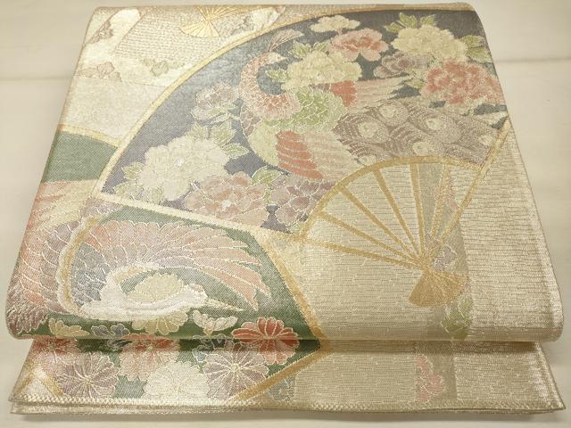 平和屋着物◎佐賀錦 六通柄袋帯 扇面孔雀花文 金銀糸 引箔 正絹 逸品 DAAO9385bc