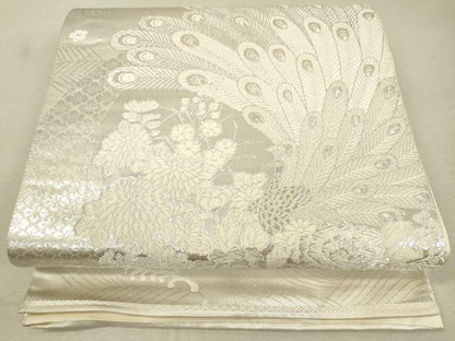 平和屋着物◎六通柄袋帯 唐織 美保姿 孔雀花文 銀糸 正絹 逸品 DAAO9481bc