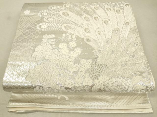 平和屋着物◎六通柄袋帯 唐織 美保姿 孔雀花文 銀糸 正絹 逸品 DAAO9481bc