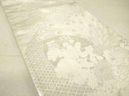 平和屋着物◎六通柄袋帯 唐織 美保姿 孔雀花文 銀糸 正絹 逸品 DAAO9481bc