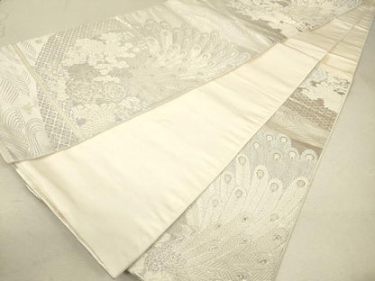 平和屋着物◎六通柄袋帯 唐織 美保姿 孔雀花文 銀糸 正絹 逸品 DAAO9481bc
