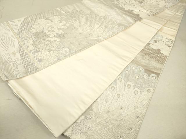 平和屋着物◎六通柄袋帯 唐織 美保姿 孔雀花文 銀糸 正絹 逸品 DAAO9481bc