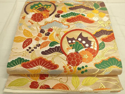 平和屋着物◎六通柄袋帯　唐織　花蝶丸文　金糸　引箔　正絹　逸品　DAAO9836rt