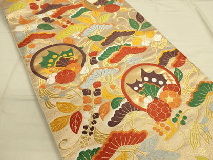 平和屋着物◎六通柄袋帯　唐織　花蝶丸文　金糸　引箔　正絹　逸品　DAAO9836rt