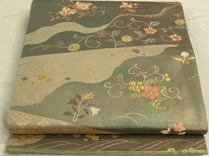 平和屋着物◎六通柄袋帯　流水花唐草文　金糸　引箔　正絹　逸品　DAAO9952rt