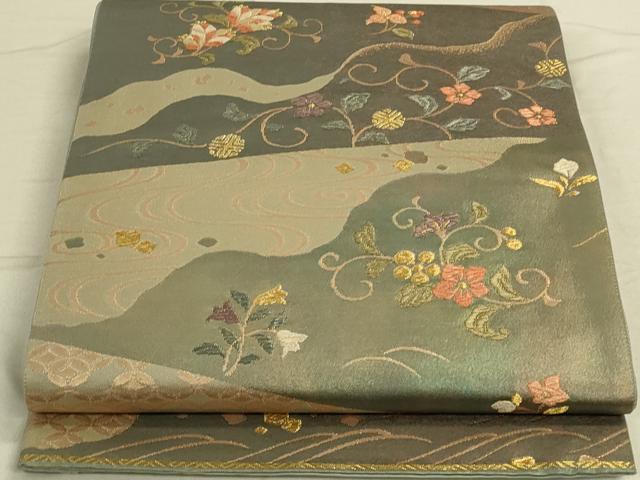 平和屋着物◎六通柄袋帯　流水花唐草文　金糸　引箔　正絹　逸品　DAAO9952rt