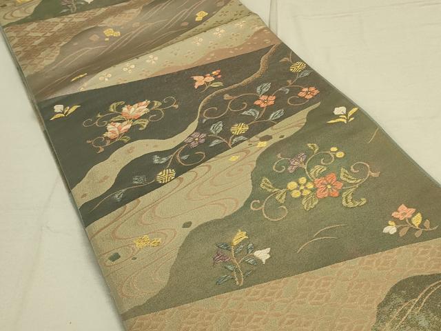 平和屋着物◎六通柄袋帯　流水花唐草文　金糸　引箔　正絹　逸品　DAAO9952rt