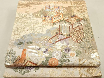 平和屋着物◎六通柄袋帯 唐織 山車 御所車花文 金糸 正絹 逸品 DAAP2298qa