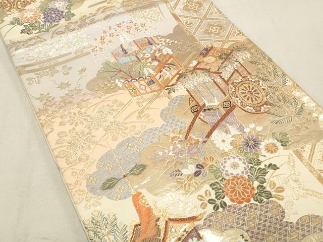 平和屋着物◎六通柄袋帯 唐織 山車 御所車花文 金糸 正絹 逸品 DAAP2298qa