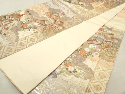 平和屋着物◎六通柄袋帯 唐織 山車 御所車花文 金糸 正絹 逸品 DAAP2298qa