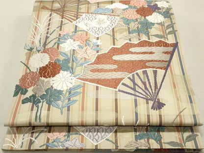平和屋着物◎六通柄袋帯 唐織 扇面花文 金糸 正絹 逸品 DAAP2308qa