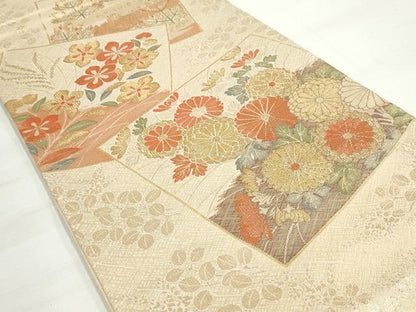 平和屋着物◎六通柄袋帯 秋草五垣蒔絵文 金糸 正絹 逸品 DAAP2373qa