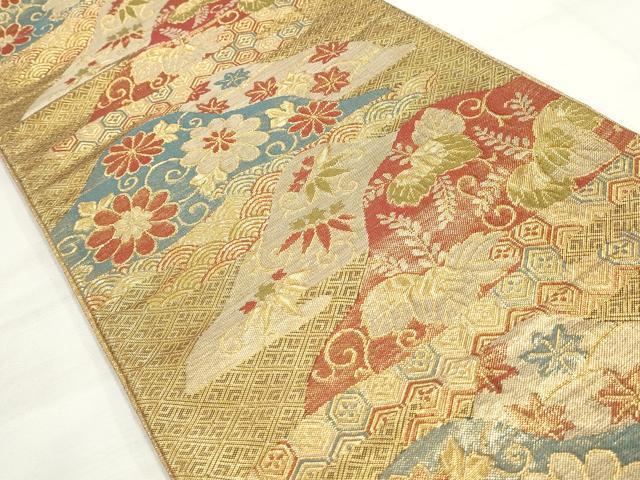 平和屋着物◎佐賀錦 六通柄袋帯 重ね山吉祥花松文 金糸 正絹 逸品 DAAP2385qa