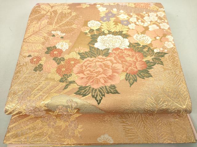 平和屋着物◎六通柄袋帯 扇草花文 金糸 秀美二重箔 正絹 逸品 DAAP3166ar