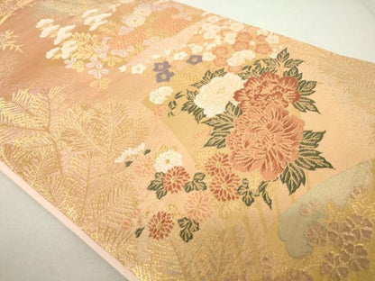 平和屋着物◎六通柄袋帯 扇草花文 金糸 秀美二重箔 正絹 逸品 DAAP3166ar